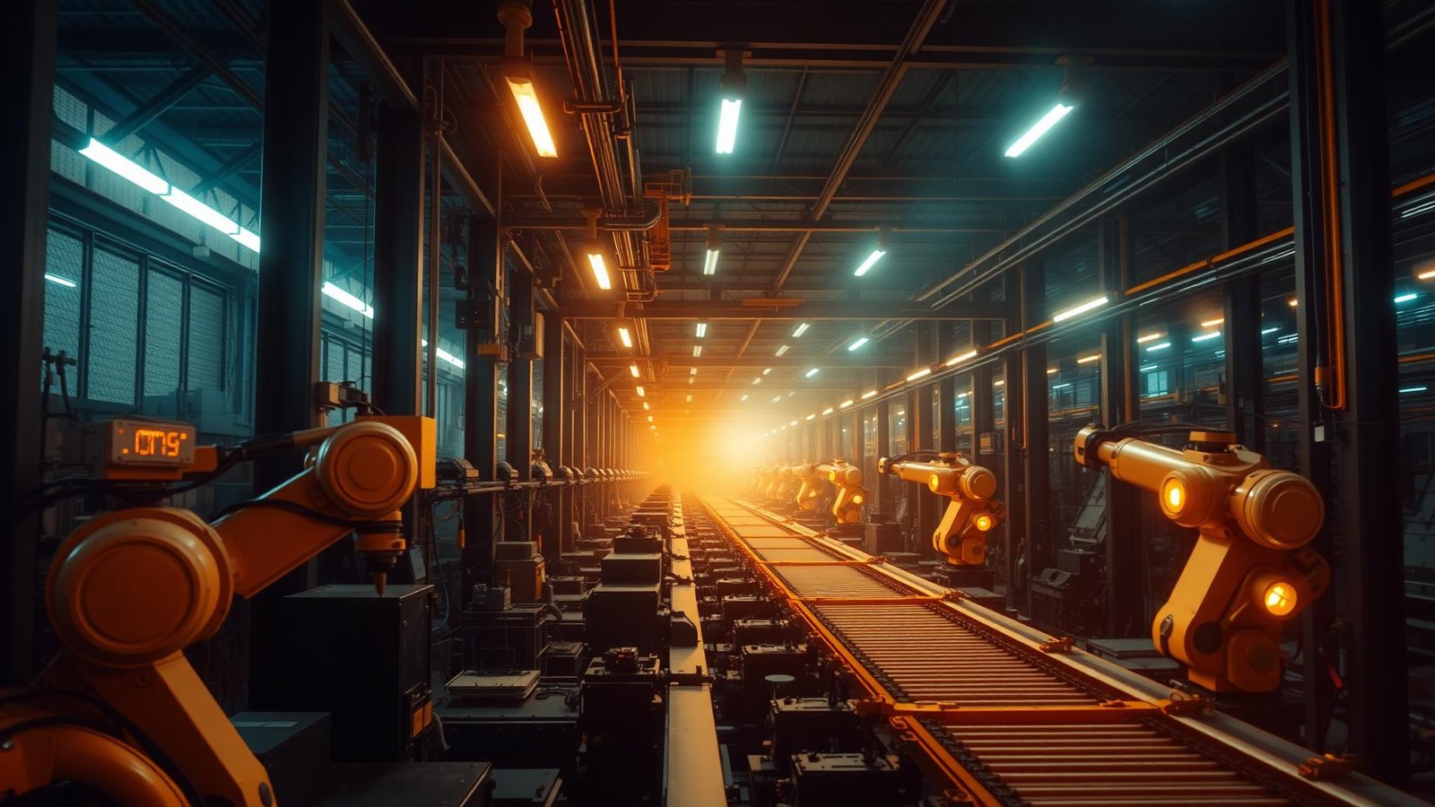 Automated smart factory production line with robotic arms and conveyors